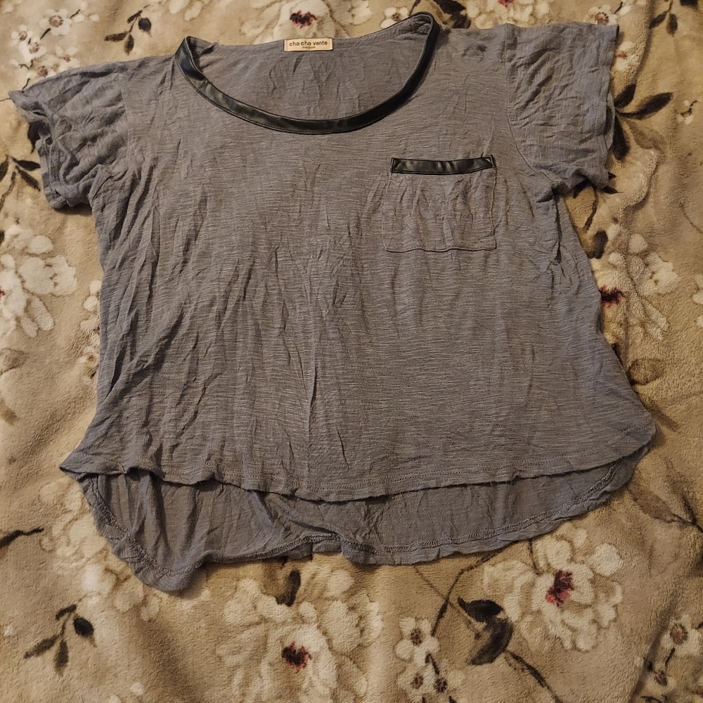 Gray croptop with black pleather trim